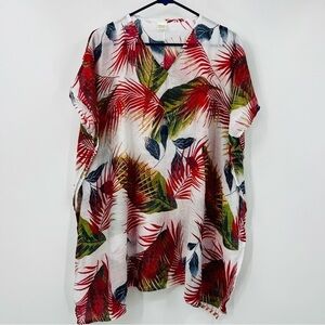 Tropical Leaf Print 100% Viscose Kaftan Coverup Vacation Top Blouse One Size